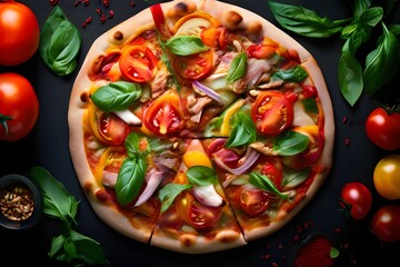 a wonderfully gooey, flawlessly baked pizza with a brilliant red tomato sauce, chunks of fresh vegetables like mushrooms and bell peppers, tasty olives, and flavorful meat toppings