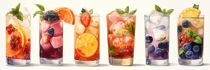 Summertime Cocktail Delight: Refreshing Array of Cooling Cocktails in Transparent Glasses, Beautifully Rendered in Watercolor Hues. Perfect for Seasonal Promotions and Social Media Campaigns
