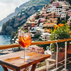 Glass of aperol spritz on a wooden table on a balcony overlooking Positano Italy on a sunny day with italian buildings 
