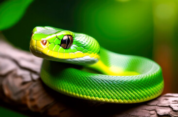 Fototapeta premium A close-up of a green snake coiled in a ring on a tree. New Year's Eve concept