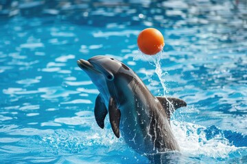 Dolphin Playing With Orange Ball in Pool