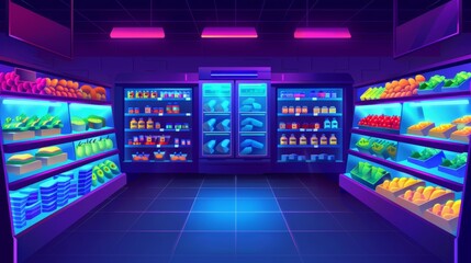 Supermarket interior at night. Modern background with aisle shelves filled with food, bread, and vegetables. Neon light displays products in the refrigerator showcase in the supermarket.