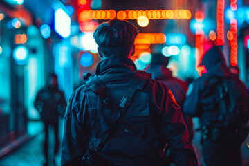 Fototapeta premium A police officer arrests a criminal in the city, signifying the rule of law and the fight against crime and corruption