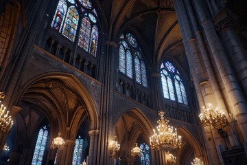 Grand Cathedral Interior With Chandeliers and Stained Glass Windows