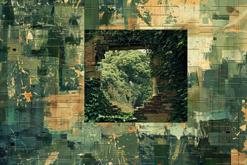 A portal to a digital dimension in a wall pixelated landscape merging with reality
