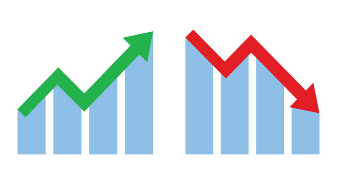 Graph going Up and Down sign with green and red arrows vector. Flat design vector illustration concept of sales bar chart symbol icon with arrow moving down and sales bar chart with arrow moving up.