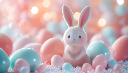 3D Easter bunny and colorful eggs background with bokeh lights.