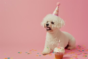 bichon frise dog wearing a party hat with a cupcake with one candle, confetti, solid color background, fun dog birthday