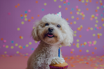 bichon frise dog wearing a party hat with a cupcake with one candle, confetti, solid color background, fun dog birthday