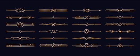 Art deco divider header set. Elegant golden geometric retro frames for wedding invitation card design 1920s style. Vector ornamental collection