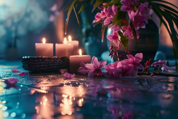 flowers and burning candles at spa salon creating relaxing atmosphere