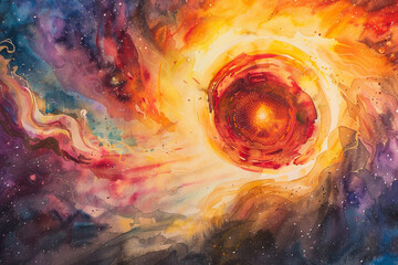 A punch to Earth a slash through the sun framed by the swirling colors of a big bang captured in watercolor