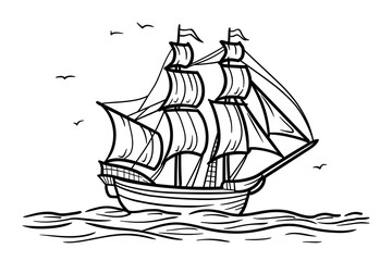 Ship on sea for kids coloring book
