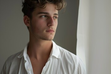 Fototapeta premium handsome young guy model in white shirt in minimal apartment interior
