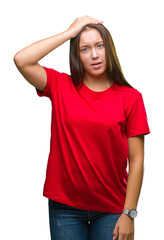 Fototapeta premium Young beautiful caucasian woman over isolated background confuse and wonder about question. Uncertain with doubt, thinking with hand on head. Pensive concept.