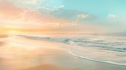Obraz premium Picture this a dreamy beach scene with a mesmerizing blend of soft yellows and blues in the sky creating an abstract yet serene backdrop at sunrise for your summer holiday escape