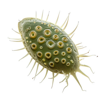 Front view of a single flagellated protist cell isolated on a white transparent background