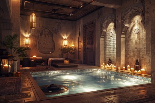 premium luxury spa salon hotel interior with pool  bath oriental moroccan aesthetics with romantic lighting