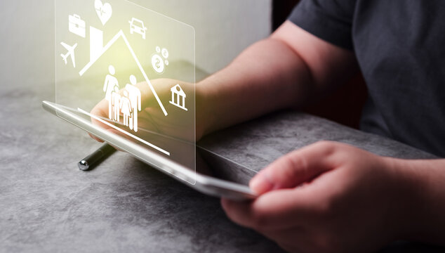 Woman use digital tablet to contract an insurance online for car, travel, family and life. Financial and health insurance. Insurance concept.