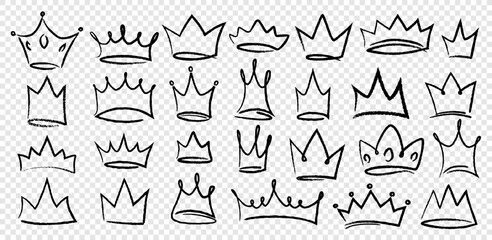 Hand drawn doodle set of grunge crayon, charcoal, chalk crown isolated icon. Scribble line sketches of king crown, majestic tiara, queen royal diadem vector. Graffiti royal coronation luxury symbol