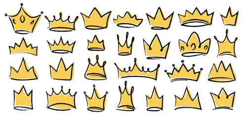 Hand drawn doodle set of grunge crayon, charcoal, chalk crown isolated icon. Scribble line sketches of king crown, majestic tiara, queen royal diadem vector. Graffiti royal coronation luxury symbol