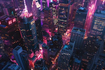 Capture the bustling cityscape at dusk with a wide-angle view, emphasizing the vibrant neon lights and dynamic movement Incorporate a dynamic pan tilt to showcase the citys energy