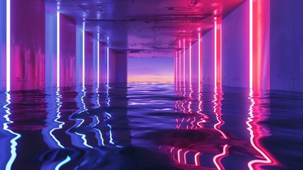 Abstract neon light fluorescent Neon Lights glow Reflection on water, exhibition background