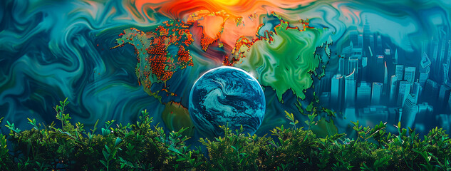 Diverse Team Strategizes on Global Finance, Trade Amidst Climate Crisis - Illuminated Eco-friendly World Map Backdrop