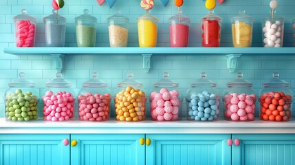 Various candy types fill the shelves of jars in the store