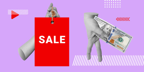 Shopping, sale, discounts concept. Hand with hundred dollars US steps in direction of hand with a SALE sign. Minimalist art collage
