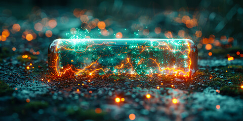 Futuristic Green Energy Battery Charging Glowing on Ground with Sparks