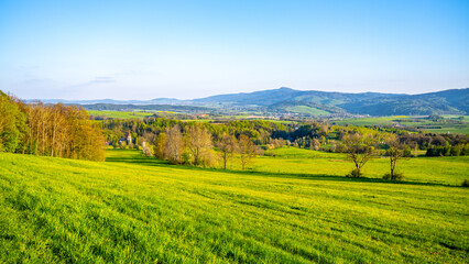 A breathtaking view of the Jested Ridge horizon, captured from a lush green field under a clear blue sky. The serene atmosphere suggests early morning or late afternoon. Located in Czech Republic