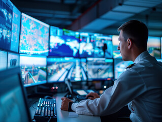 A male officer monitors  footage on a computer at the center. Multiple cameras' feeds are displayed on a large screen, while employees have big data displays.