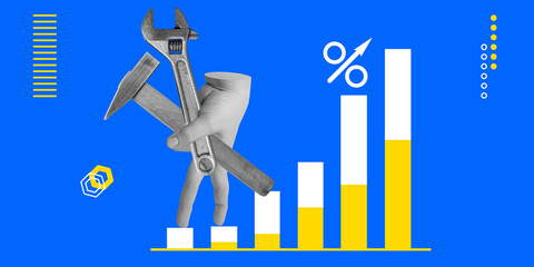 Improving labour productivity concept. Hand with hammer and spanner follows an ascending graph with a percent sign on a blue background. Minimalist art collage