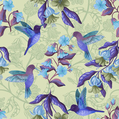 Pattern with birds and flowers. Hummingbirds and flowers. Seamless floral watercolor pattern with garden flowers, leaves, birds. Flower design for wrapping paper, cover, textile, fabric, wallpaper