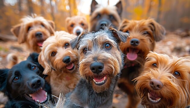 Group of Yorkshire Terrier dogs playing in the autumn park. Group of Yorkshire Terrier dogs taking selfies