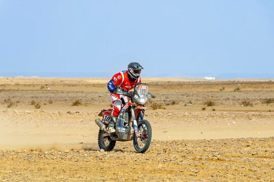 Al-Kharj, Saudi Arabia - January 10, 2023: Kevin Durand on Honda CRF450RX Rally RS running Stage 9 of the Dakar Rally 2023 Edition.