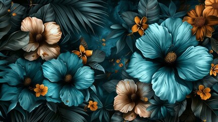 Fototapeta premium Bright blue and gold tropical flowers and leaves