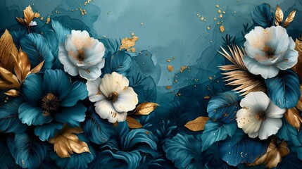 Vibrant blue and gold leaves and flowers with a watercolor background