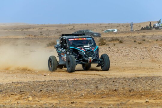 Al-Kharj, Saudi Arabia - January 10, 2023: The Can-Am Maverick XRS of South Racing Can-Am running Stage 9 of the Dakar Rally 2023 Edition.