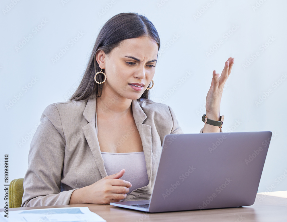 Poster woman, laptop and confused in working office, hand gesture and question with puzzled employee. onlin