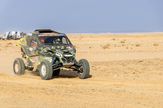 Al-Kharj, Saudi Arabia - January 10, 2023: The MMP Can-Am of MMP Team running Stage 9 of the Dakar Rally 2023 Edition.
