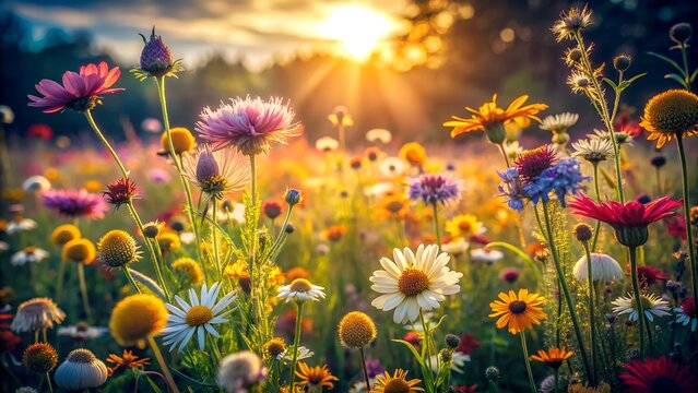 Nature Background with Colorful Wild Flowers: Beautiful Floral Meadow