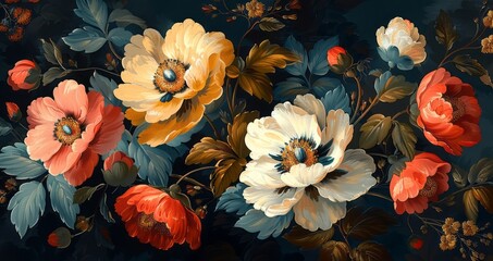 Exquisitely detailed floral painting with vibrant colors and a dark background, perfect for adding a touch of elegance to any room.