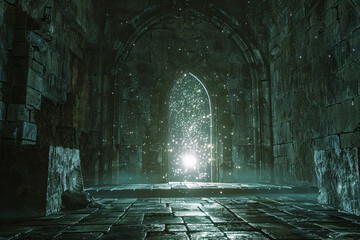 A room veiled in darkness is interrupted by a shimmering portal at its center offering a glimpse into another realm