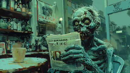 A zombie enjoying coffee and reading newspaper in a café, adding a humorous twist to everyday life.