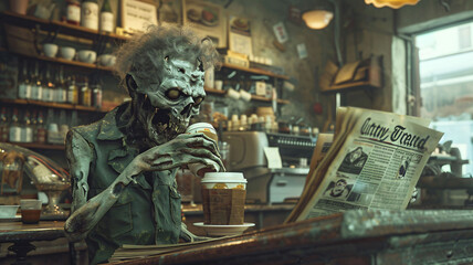 A zombie enjoying coffee and reading newspaper in a café, adding a humorous twist to everyday life.