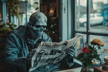 A zombie enjoying coffee and reading newspaper in a café, adding a humorous twist to everyday life.