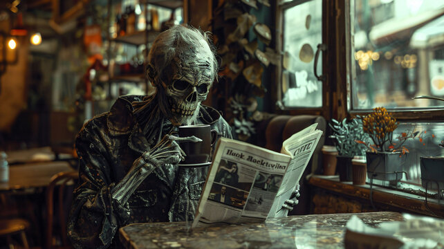 A zombie enjoying coffee and reading newspaper in a café, adding a humorous twist to everyday life.