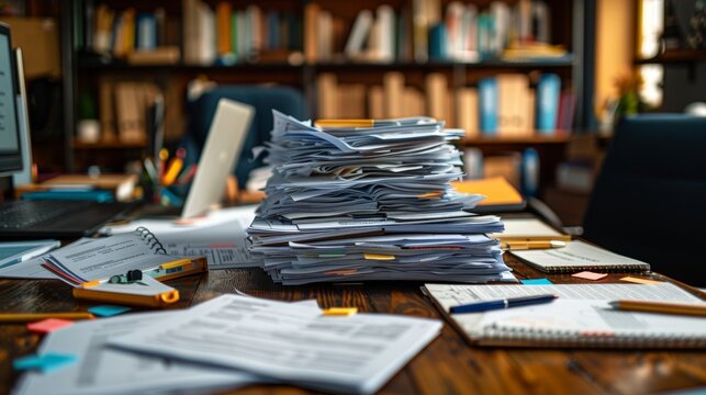 disorganized desk with strewn papers and pens, illustrating the concept of failed desk organization